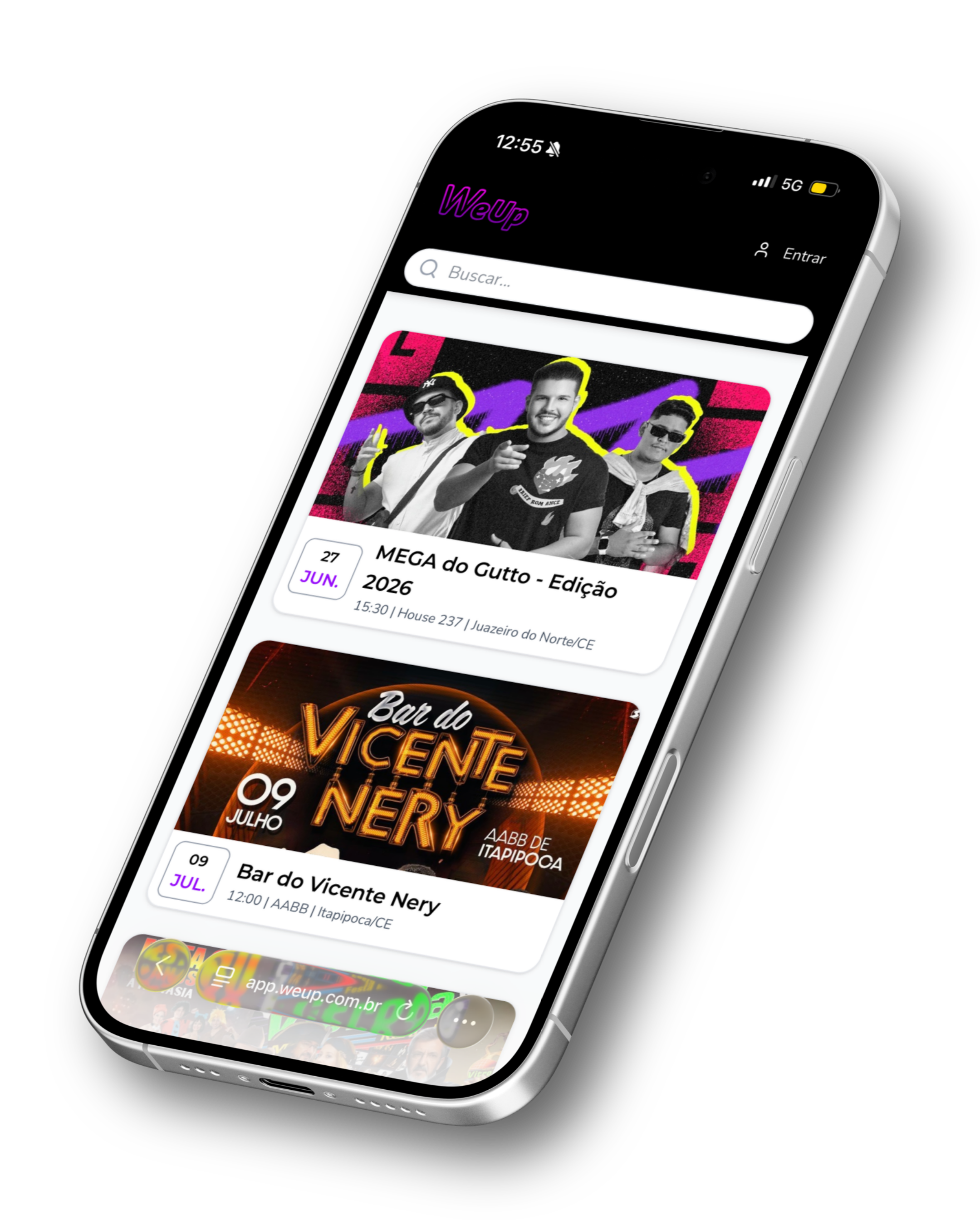 Mockup do app WeUp mostrando o feed de eventos